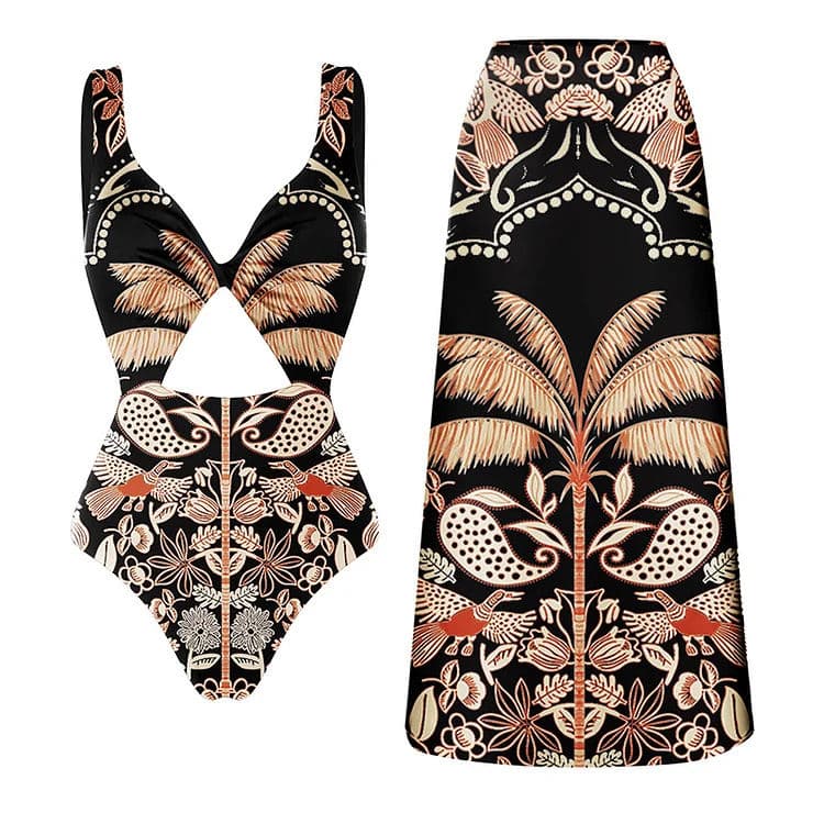 2024 Retro Exquisite Style Polynesian Tribal Print One Shoulder Women Two Piece Swimsuit Bikini Set Swimwear