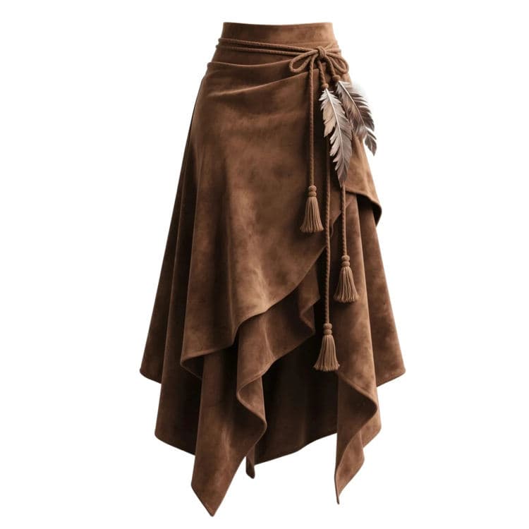 Melange Brown Suede Midi Skirt Fashionable Asymmetrical Skirt Tie-Front Slimming A-Line Midi Skirt