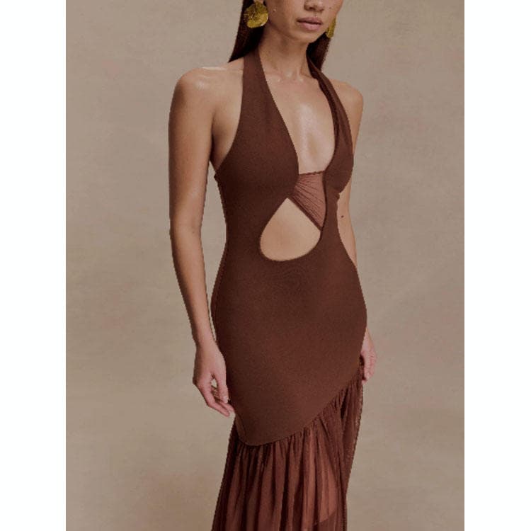 Wenshuo Mesh Pleated Maxi Dress Wholesale Halter Backless Dress Custom logo Solid Color Dress Factory Directly