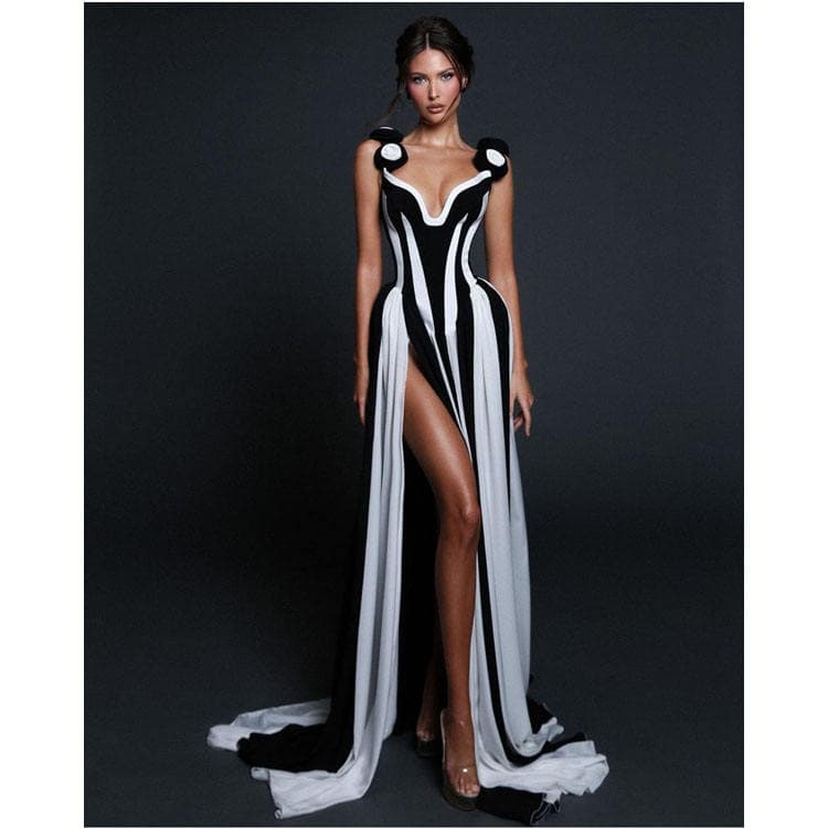 Wenshuo 3D Flower Shoulder Strap Sexy Women Dress Deep V Neck Stripe Sleeveless Long Dress Elegant Evening Party Dress for Women