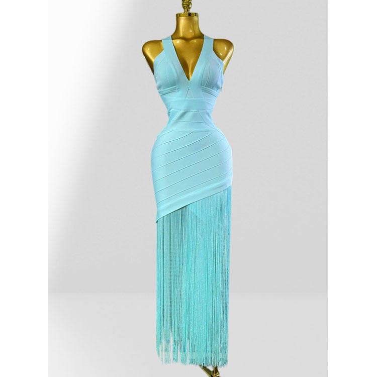 Wenshuo Sexy Low Cut Deep V Neck Sleeveless Tassel Bandage Dress Women Slim Fitted Dress Sexy Evening Party Dress