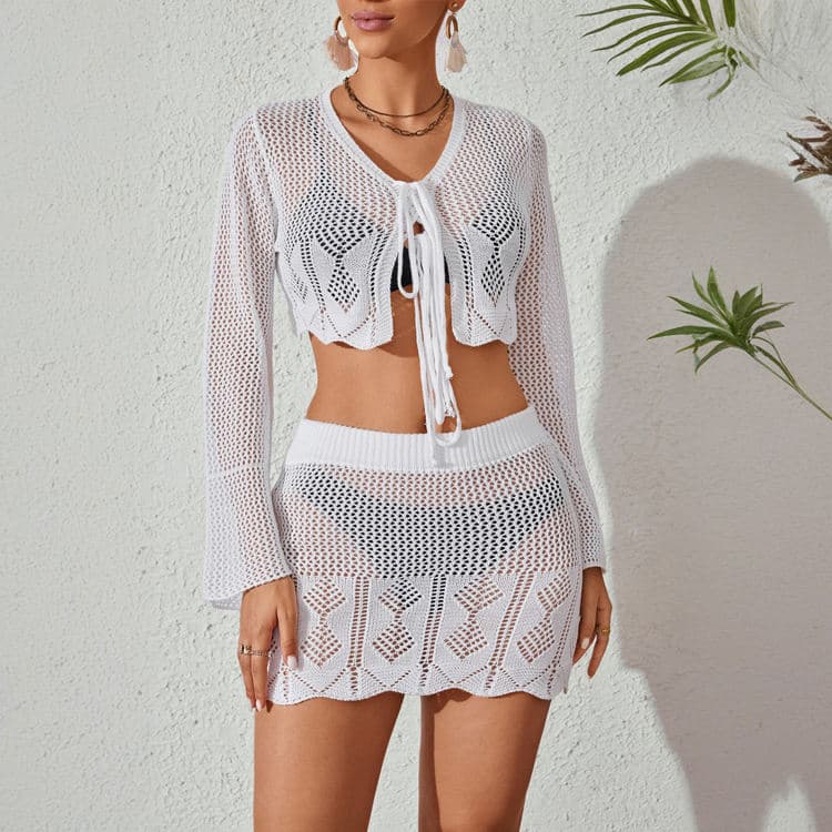 Wholesale Women Beachwear Solid Color Knit Beach Bikini Swimsuit Cover Up Sun Protection Suit For Women