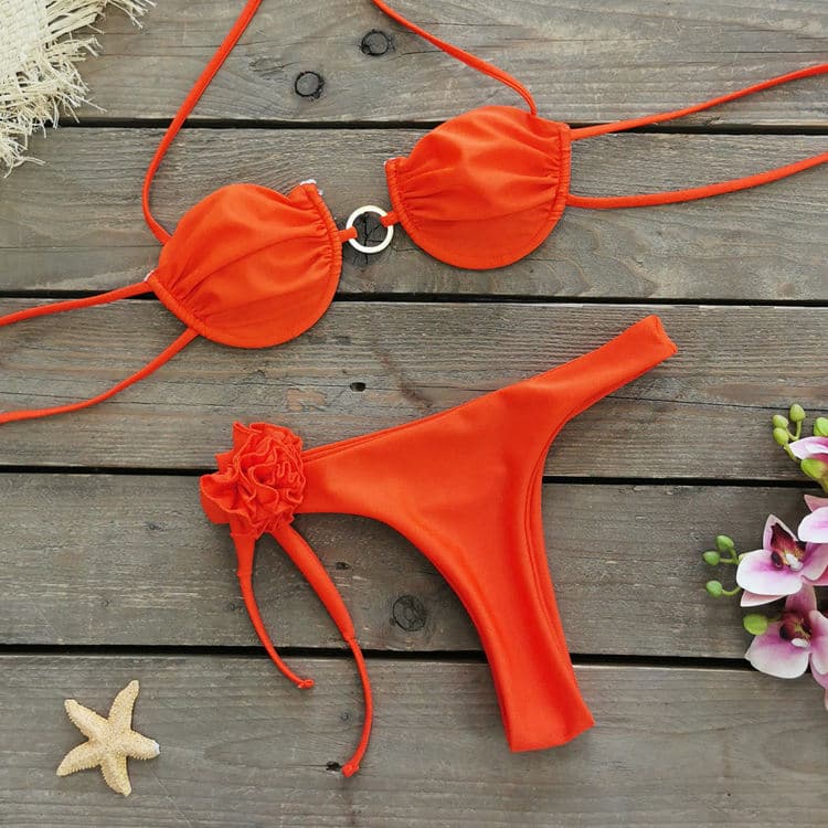 New Sexy Ins Top Bikini Solid Color 3D Flower Swimwear High Cut Elegant Girl Bikini
