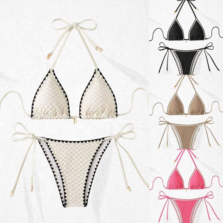 New Solid Color Swimsuit Sexy Drawstring Bikini Triangle Strap Beach Swimsuit