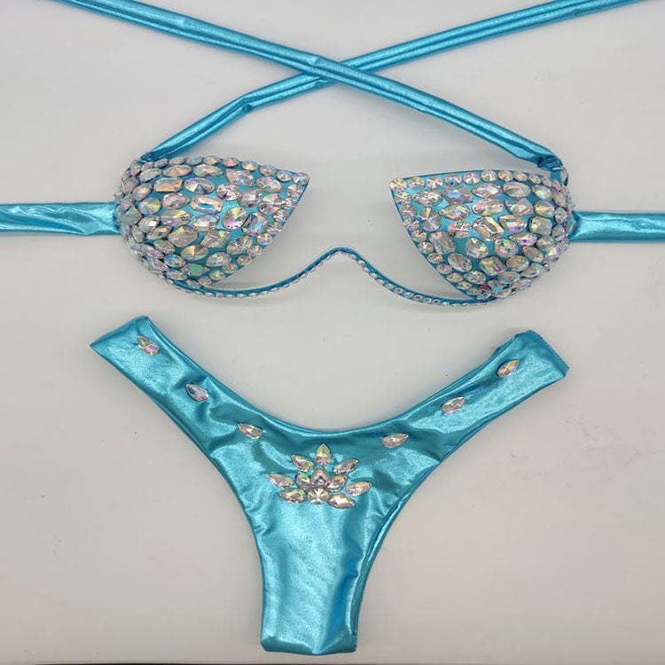 High Quality 2024 New Women Custom Bikini String Thong Bikini Diamond Bikinis Beachwear Glossy Sexy 2 Piece Swimsuit Set