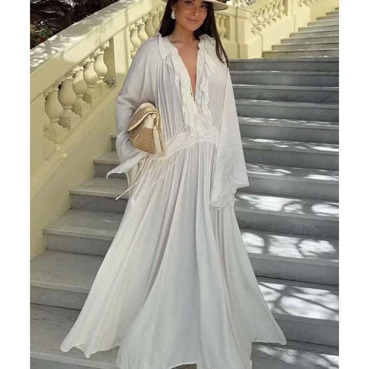 Wenshuo 2026 New V Neck Ruffled Trim Maxi Dress for Women Loose White Casual Dress Women Vacation Dress