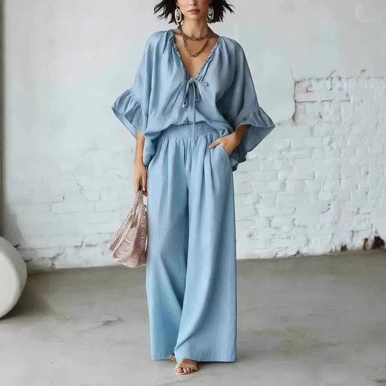 Wenshuo V Neck Short Sleeve Top Wholesale Loose Straight Leg Trousers Custom logo Minimalist Women Set Factory Directly