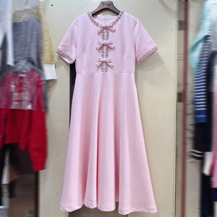 Wenshuo Short Sleeve Bow Dress Wholesale Loose diamond Dress Custom logo High Quality Dress Factory Directly