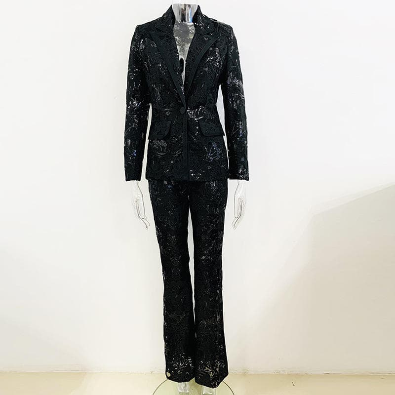 Tulle Embroidered Sequined blazer Wholesale  Hollow See Through Two Sets Manufacturer Solid Color Loose Long Sleeve Trousers