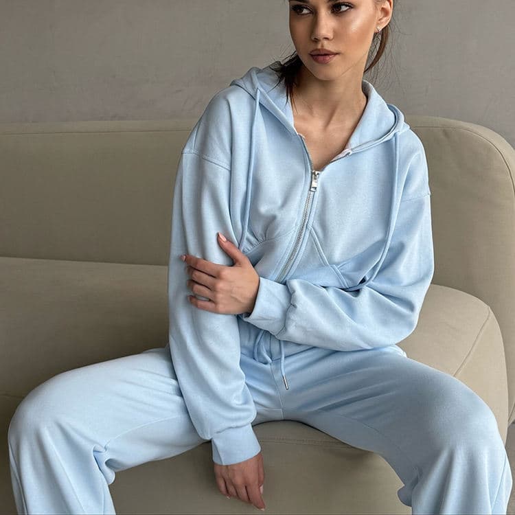 Wholesale Casual Women Sets Solid Color Long Sleeve Zipper Hoodie Set Sports Drawstring Pants Casual Set