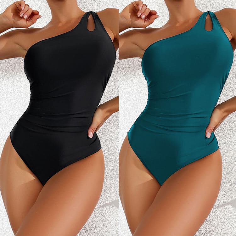 Women Solid Color One Shoulder Tummy Control Swimwear Sexy One Piece Bikini