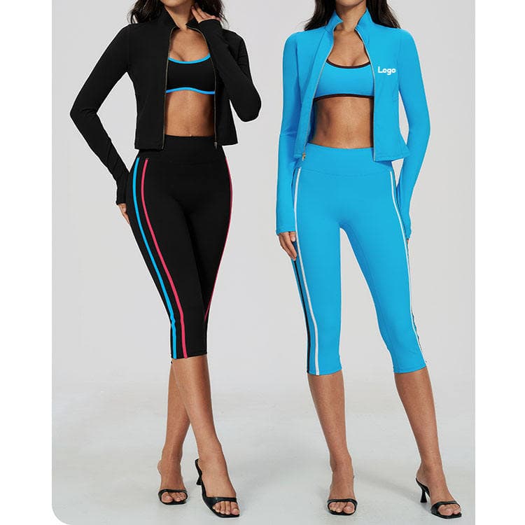 Nude Feel Nylon Spandex Women Workout Set Block Color Bra and High Waist Capris with Long Sleeves Jacket 3 Piece Yoga Set