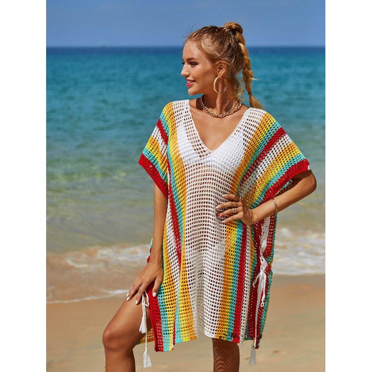 Summer Sunscreen Coat Beach Cover Ups Rainbow Splicing Hollow Knitted Tassel Bikini Cover Ups