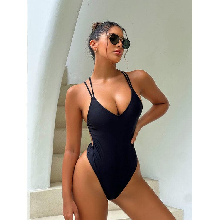 New Solid Color Sexy Bikini Back Hollow Swimsuit High Cut Beach Wear Swimwear