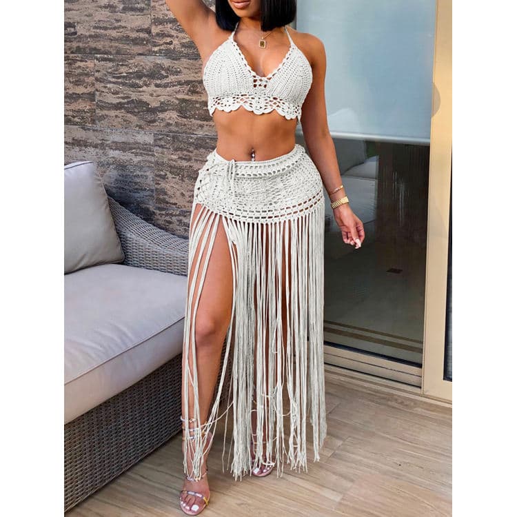 Wholesale Two Piece Crochet Beachwear Hand Crochet Beach Bikini Top Long Tassel Half Body Skirt