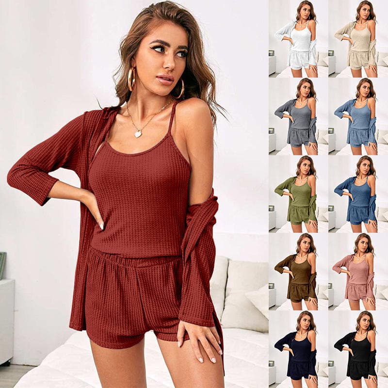 Waffle Soft Ladies Three Piece Suit Loose Strap Pajamas Manufacturer Long Sleeved Jacket Factory Directly