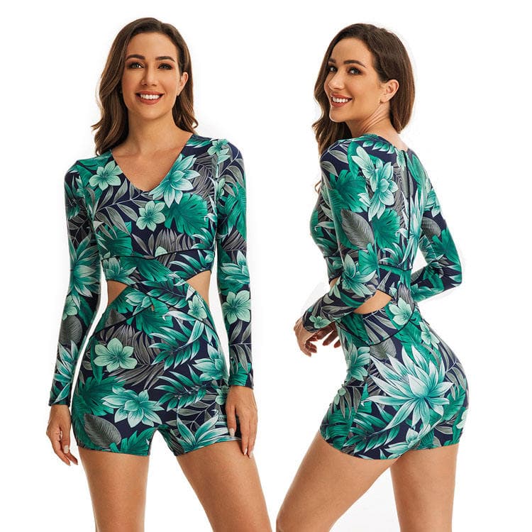 Green Printed v Neck One Piece Rash Guard Hollow Waist Sexy Women Rash Guard