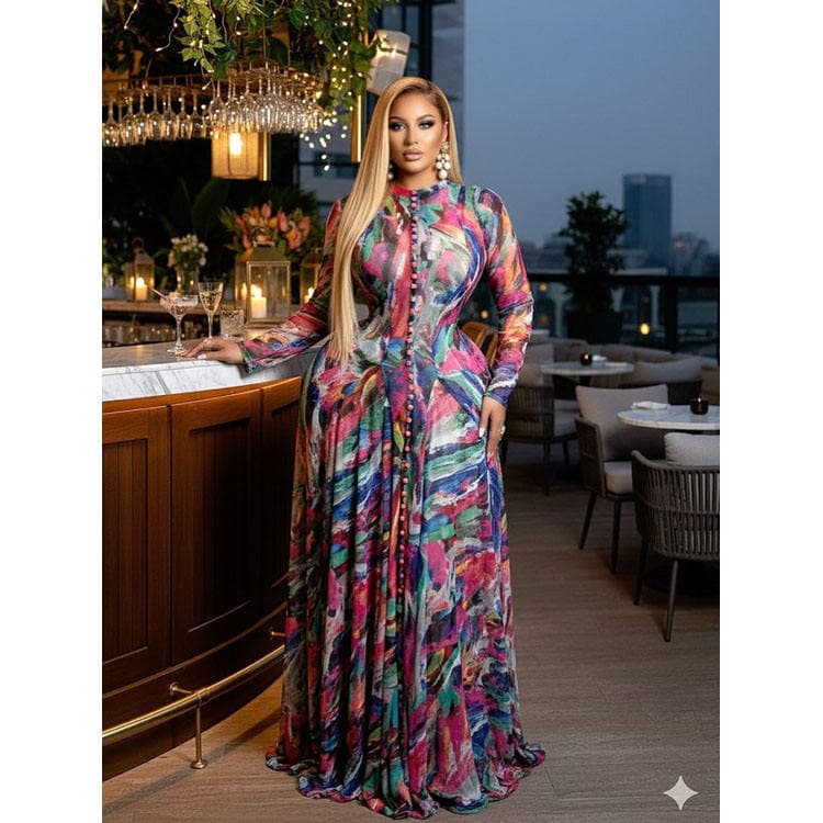 Wenshuo Women 2026 New Casual Dress Elegant Printed Maxi Dress Round Neck Long Sleeve Single Breasted Casual Dress For Women