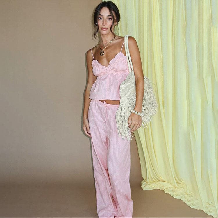 Wenshuo Ruffled Camisole Top Wholesale Soft Cotton Loungewear Custom logo Solid Color Pajama Set Factory Directly
