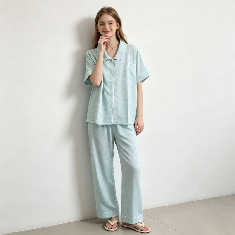 Wenshuo Short Sleeve Casual Top Wholesale Polka Dot Cotton Loungewear Custom logo Soft Pajama Set Factory Directly