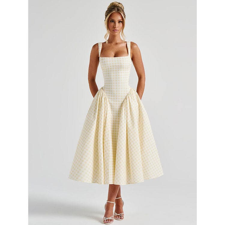 Wenshuo Plaid Camisole Dress Wholesale Square Neck Dress Custom logo Elegant Long Dress Factory Directly