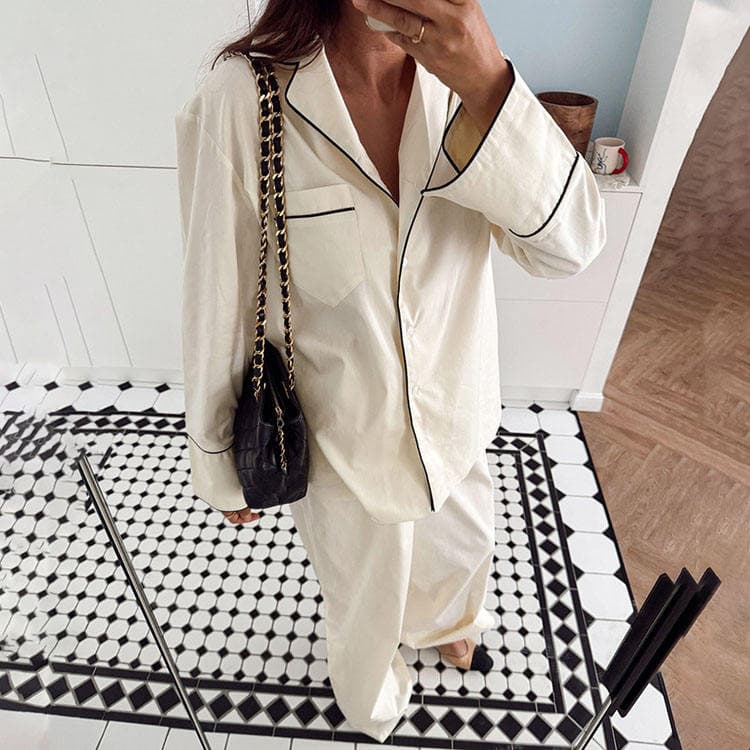 Wenshuo Casual Solid Color Pajamas Wholesale Long Sleeve Loungewear Custom logo Loose Soft Pajamas Factory Directly