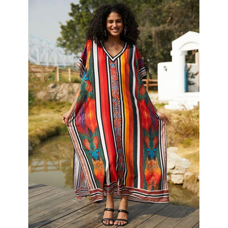 Beach Position Rayon Cover Ups Oversize Women Printed Flowers Holiday Dress