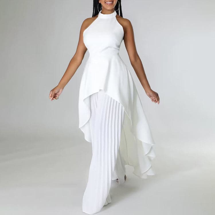 S-XXXL Fashion Women Casual Suit Summer Solid Color Women Two Piece Set Backless Top and Pleated Wide Leg Pants Elegant Set