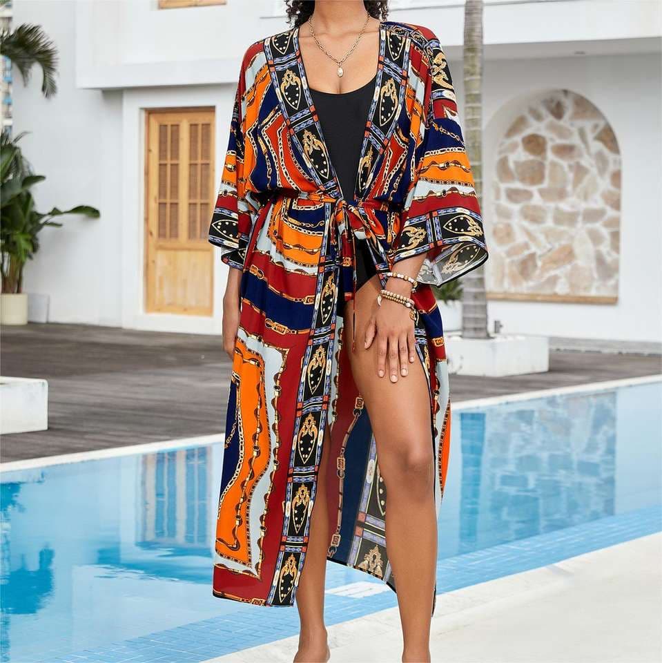 Printed Waist Rayon Shirt Wholesale Sun protection Cardigan Long Dress Bikini Beach Cover up Manufacturer