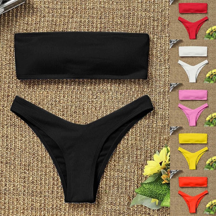 2023 New Women Solid Color Split Back Hollow Sexy Two Piece Bandeau Bikini Swimsuit
