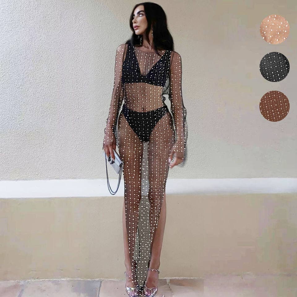 2023 New Styles Popular Paste Diamond Grid Long Dress Summer Holiday Bikini Cover Ups