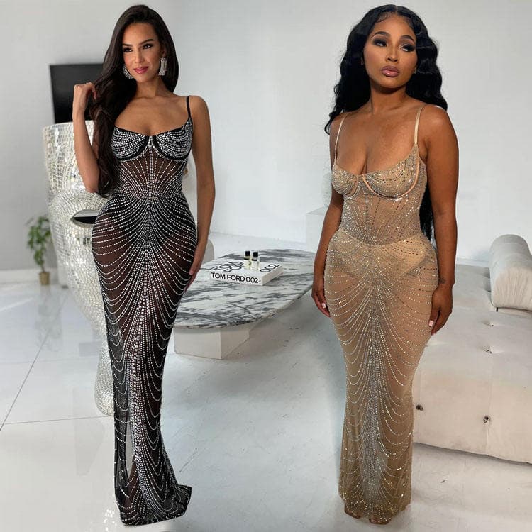 2024 New Arrives Sexy Clubwear See Through Rhinestone Slim Long Dress Ladies Mesh Strap Backless Bodycon Party Dress