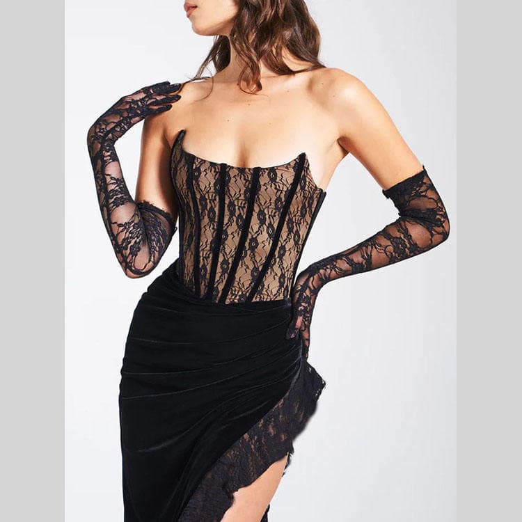 New Arrive 2023 Elegant Evening Dress Backless Slit Dress Strapless Long Skirt Sexy Lace Velvet Patchwork Dress