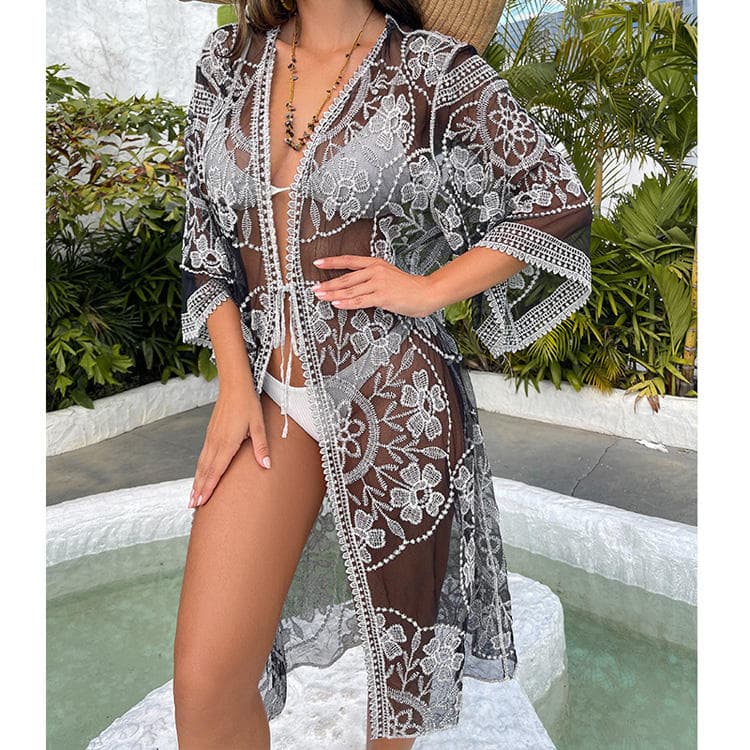 New Black Sunscreen Jacket Hollowed Embroidery Cover Ups Loose Sexy Lace Bikini Cover Ups