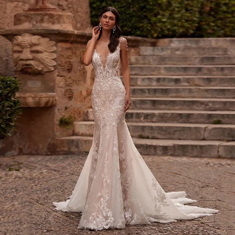 Wenshuo 2026 New Women Wedding Dress Pearls Embroidery Lace Wedding Dress Deep V Neck Backless Sexy Wedding Dress