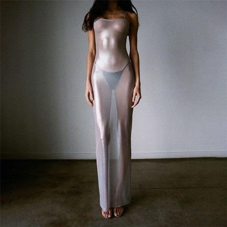 New Nightclub Fashion Dresses Sexy Perspective Mesh Hot Silver Slim Dresses