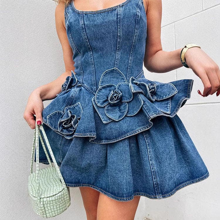 Wenshuo Fashion Overalls Dress 2026 New Summer Style Waist Pleated Casual Dress Puffy Floral Sleeveless  Denim Dress