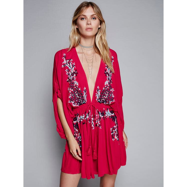 Bohemian Cotton Deep V Neck Flower Embroidered Dress Holiday Mini Dress Elegant Women Embroidery Dress