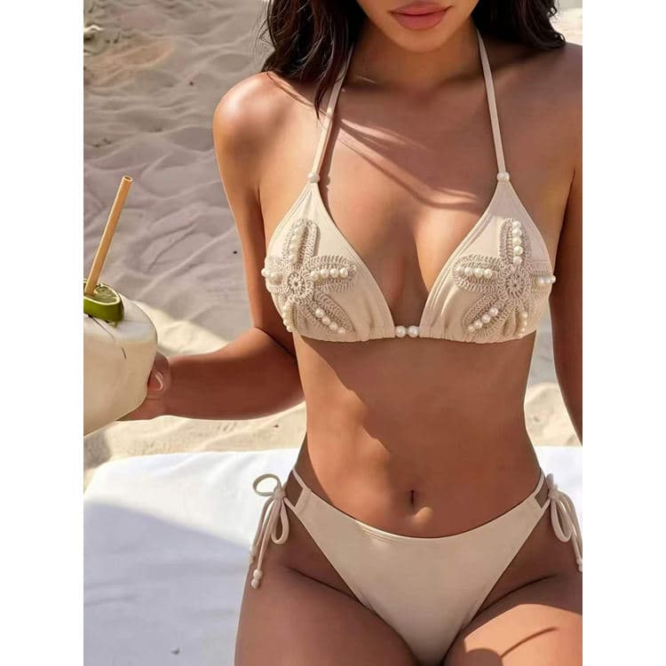 Wholesale Beige Bikini Swimsuits Fashionable Pearl Printed Floral Swimsuits Sexy Tie-Side Bikinis
