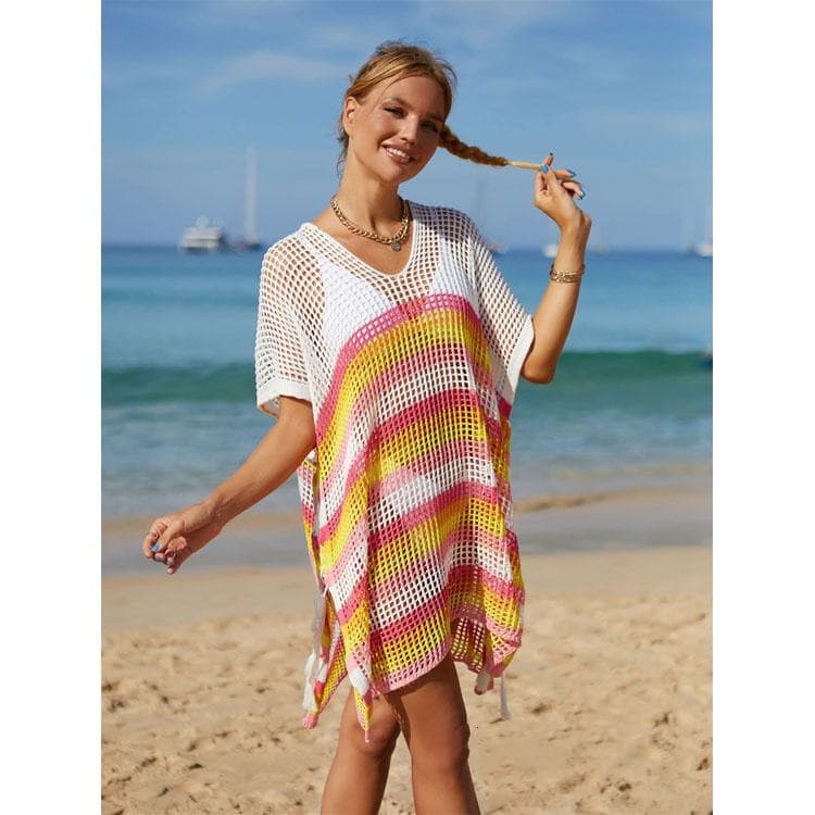High Quality Beach Cover Shirt Knitted Rainbow Color Bikini Cover Ups