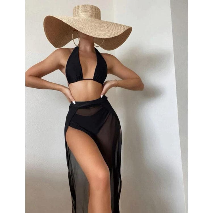New Simple Black 3 Piece Bikini Set Sexy Bathing Suit Mesh Half Skirt Slightly Transparent Sexy Bikini