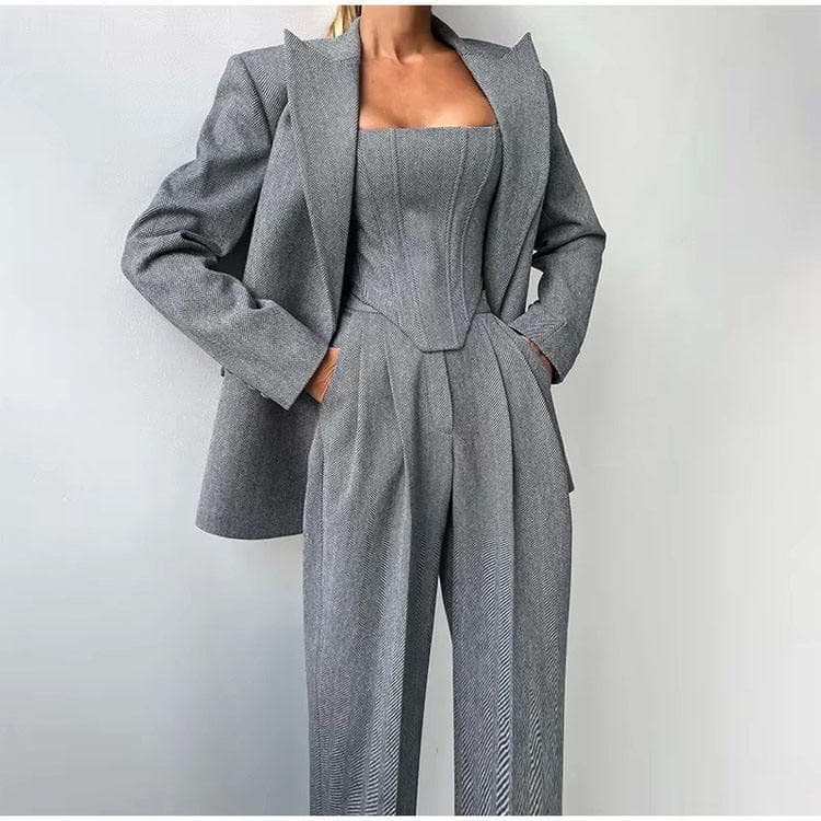 Wenshuo Women Fashion Casual Set Women Fishbone Camisole and Blazer and Trouser Three Piece Set Women Official Set