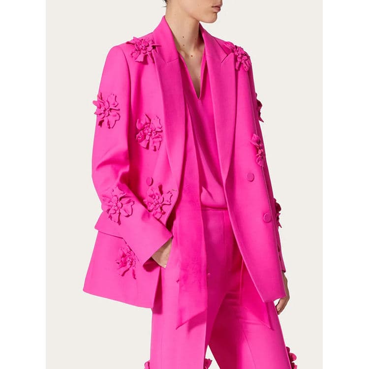 New High End Fashion Trend Suit 3D Flowers Suit Jacket High Waist Flared Pants Suit