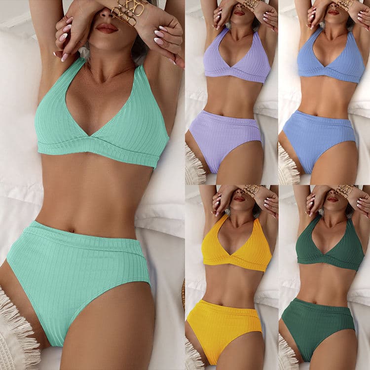 Solid Color Candy Color Deep v Two Piece Bikini 2 Pieces Basic Luxury Cute Spa Beach Swimsuit