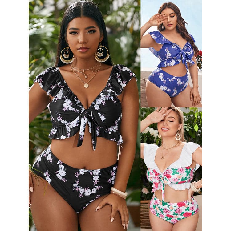 Wholesale Floral Printed Bikini Swimsuit Plus Size Ruffle Swimwear
