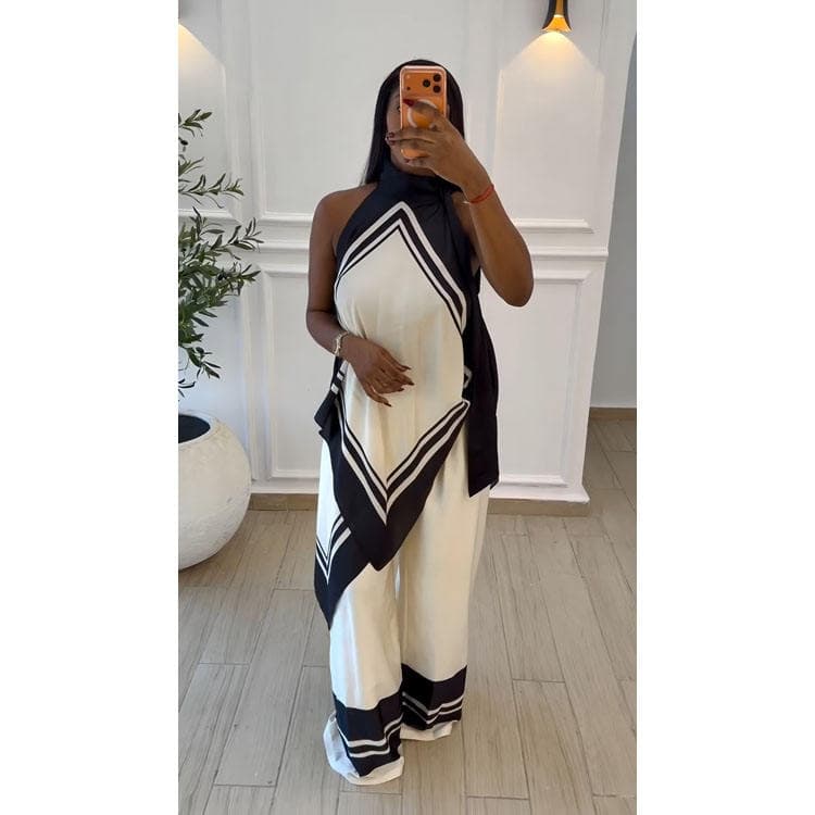 Wenshuo 2026 African Style Women Two Piece Set Color Block Straight Leg Trousers and Spliced Sleeveless Top Two Piece Set