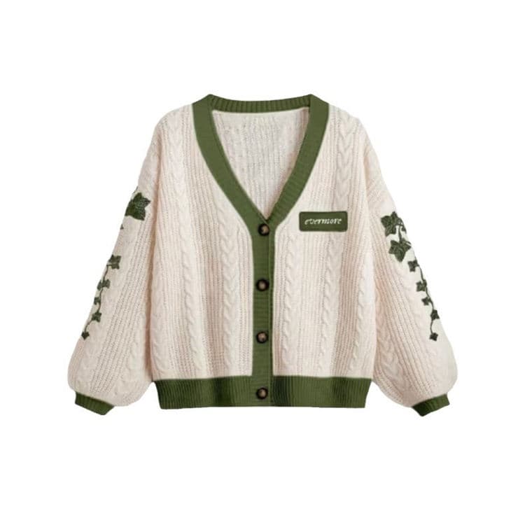New Leaf Embroidered Sweater Jacket Casual Lantern Sleeve Sweater Cardigan Loose Casual Woolen Cardigan Jacket