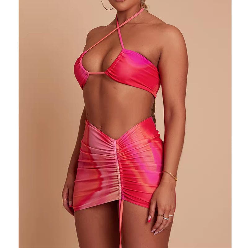 2022 Women Short Skirt Hollow Cross Split Bikini Swimsuit