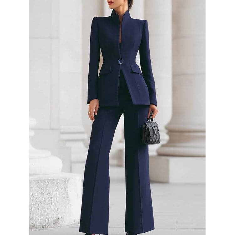 2026 Solid Color High Waist Suit with Pockets Long Sleeve Single Button Suit Set Long Trousers Two-Piece Set
