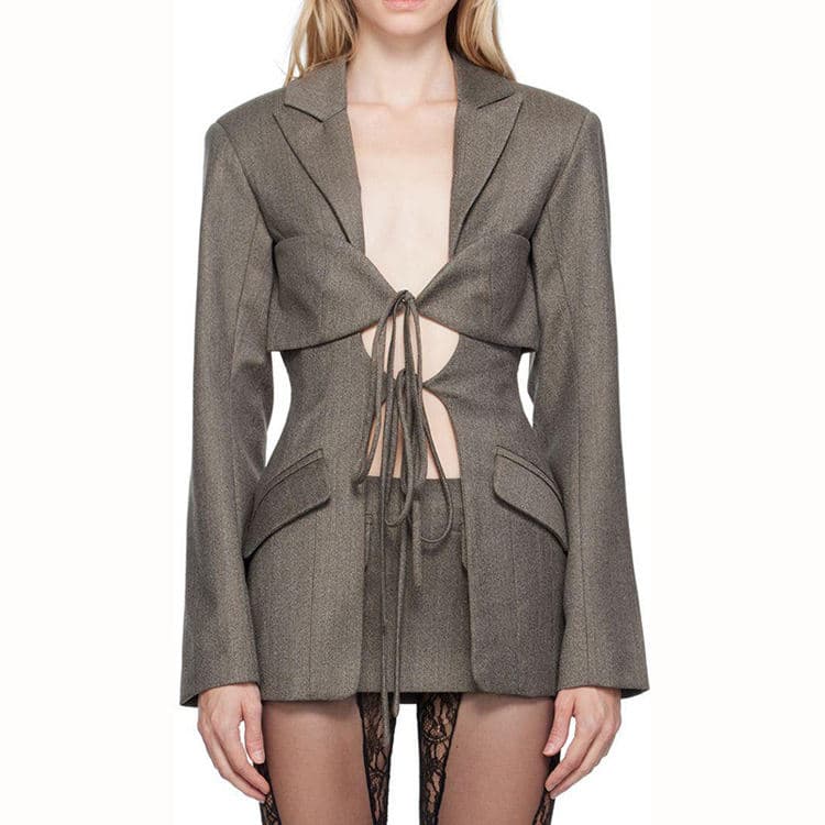 Fashion Suit Jacket Sexy V Neck Lace up Hollow Out Jacket Irregular Splicing Suit Jacket